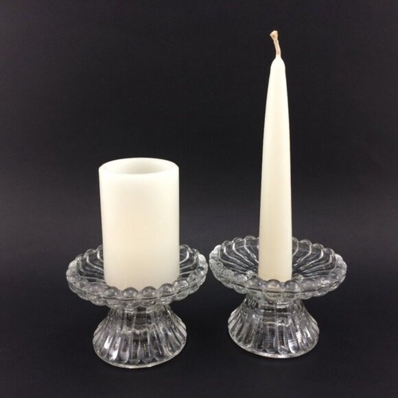 2 Clear Glass Partylite Pedestal Base Candle Holders  For 2 Sizes Taper Pillar - Picture 1 of 14